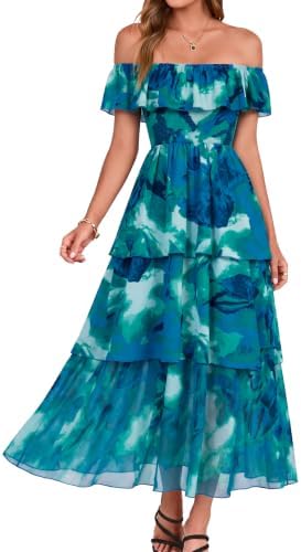 Off-shoulder tiered chiffon maxi in Lake Blue