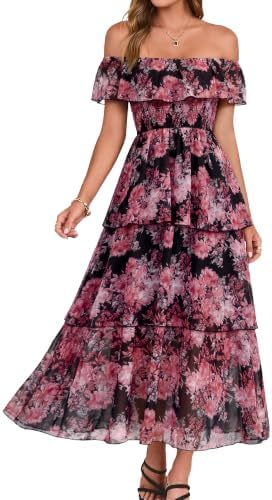 Off-shoulder tiered chiffon maxi in Black Pink