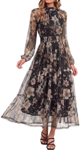 Mock neck sheer sleeve fall maxi in Black Floral