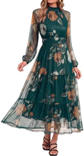 Mock neck sheer sleeve fall maxi in Dark Green Rose