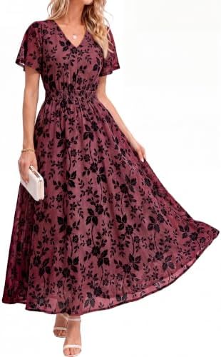Flocked velvet mesh empire maxi in Wine Red