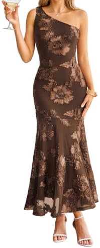 One shoulder embroidered mermaid maxi in Coffee