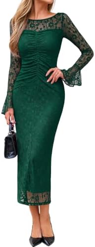 Bell sleeve ruched lace bodycon in Dark Green
