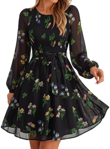 Smocked bodice floral mini in Black Floral