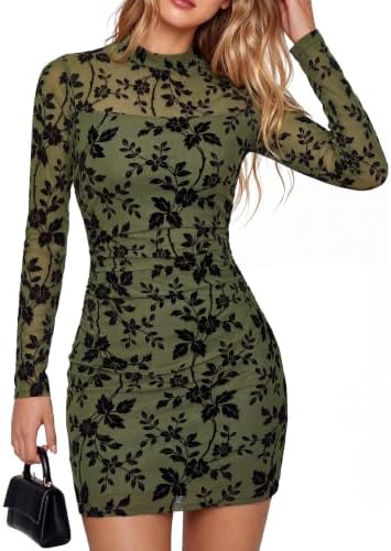 Flocked mesh bodycon mini in Army Green