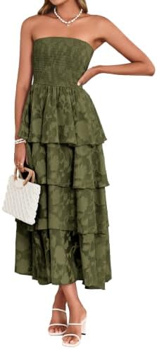 Strapless smocked tiered sundress in Army Green