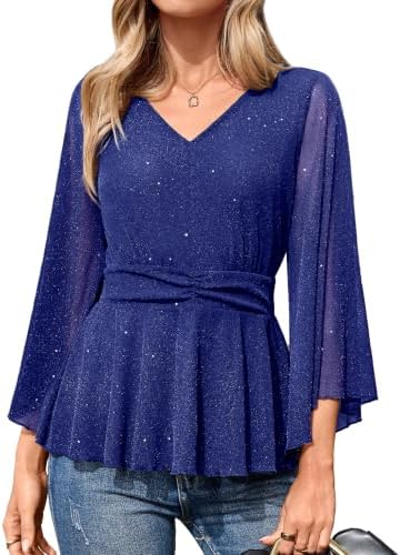 Blue glitter mesh peplum top in Blue