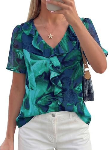 Ruffle V-neck floral chiffon blouse in Dark Green
