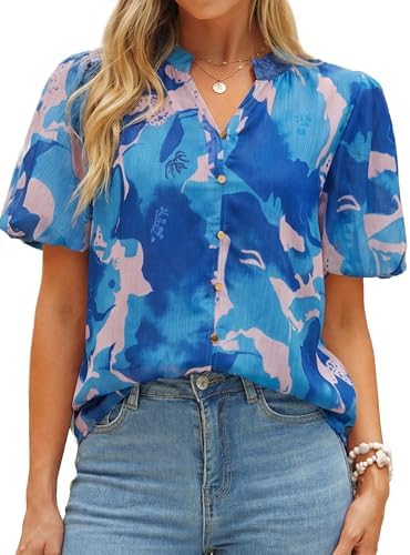 Puff sleeve floral chiffon blouse in Blue Pink