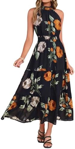 Halter neck tiered floral maxi in Black