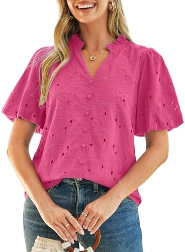 Eyelet puff sleeve boho blouse in Rose Pink