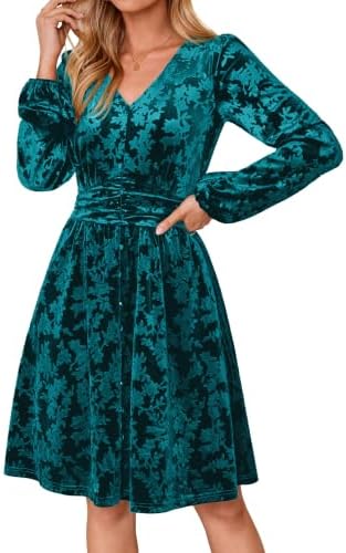 Lantern sleeve velvet party dress in Teal Blue