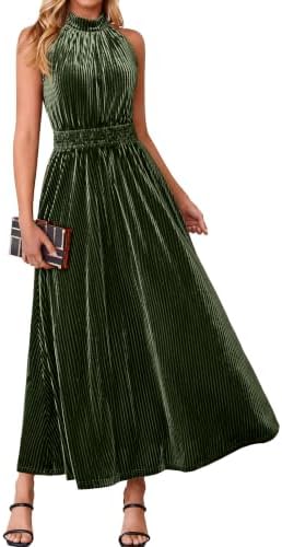 Ribbed velvet halter maxi in Army Green