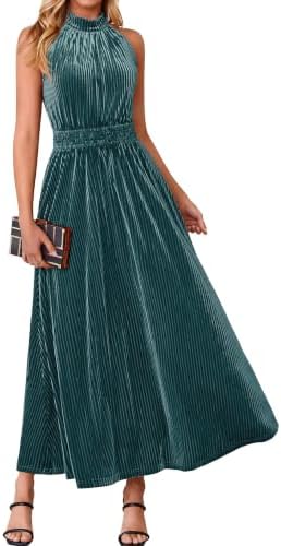 Ribbed velvet halter maxi in Lake Green