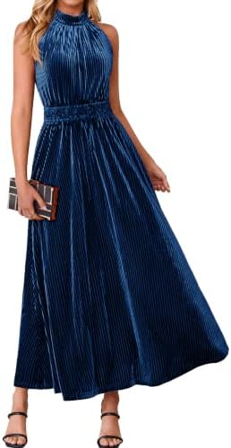 Ribbed velvet halter maxi in Navy Blue
