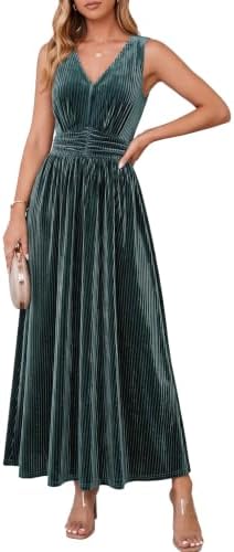 Sleeveless ribbed velvet maxi with pockets in Blue Green