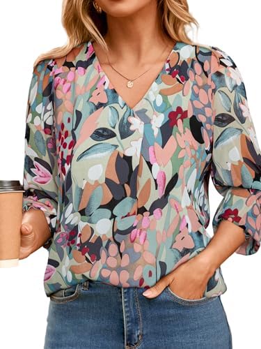 Shirred cuff floral work blouse in Multicolor Green
