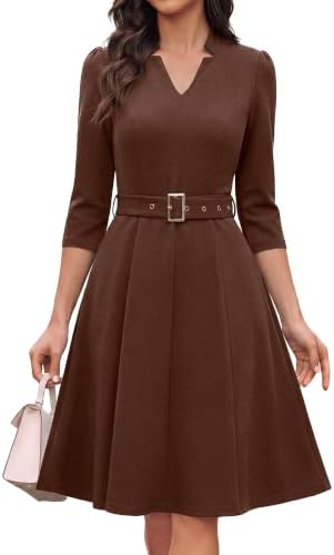Brown belted A-line office dress in Brown